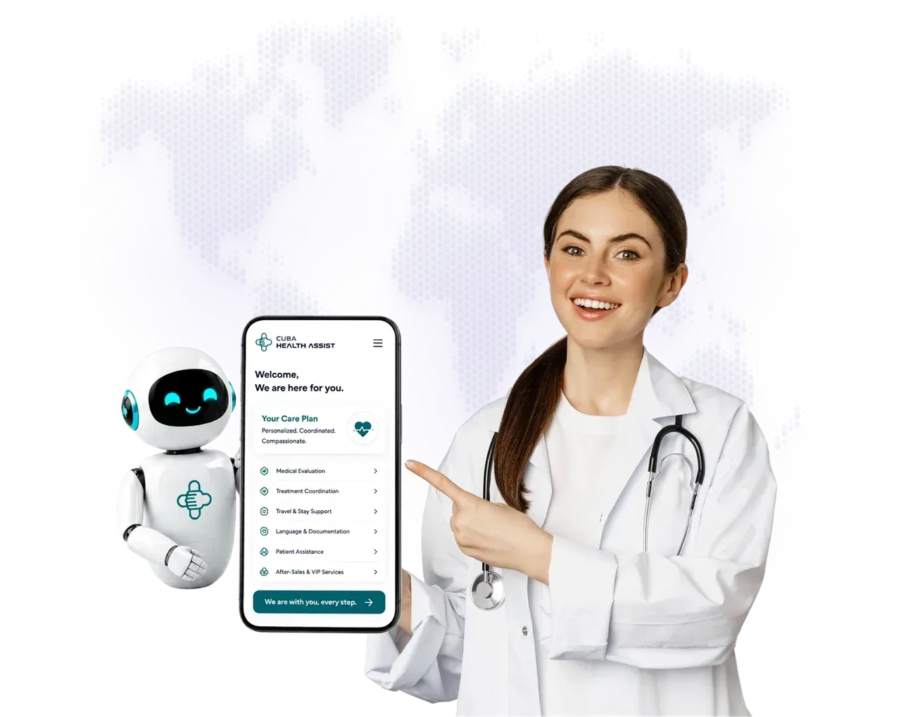 Cuba Health Assist — friendly assistant robot showing the care plan app beside a professional doctor on a world map